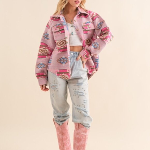 Jacquard Aztec Chest Pocket Front Loose Button Up Shirt Jacket/Shacket! - Picture 4 of 6